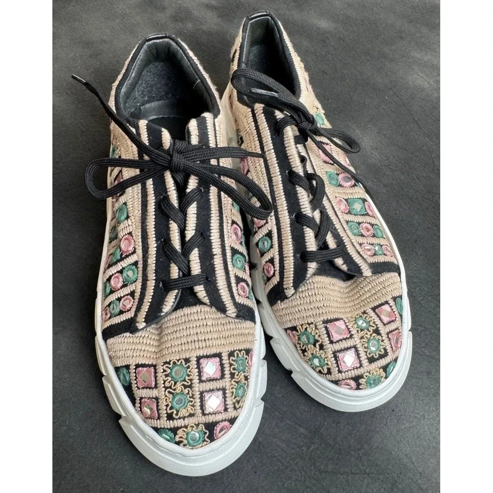 Free People Embroidered Mirror Sneakers Tan Black Multi Boho Platform 38